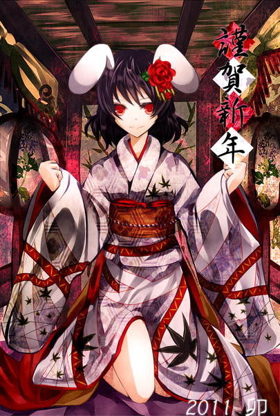 Anime picture 1181x1748 with touhou inaba tewi eudemonia (artist) single tall image short hair black hair red eyes animal ears japanese clothes hair flower new year 2011 calendar 2011 girl hair ornament flower (flowers) obi kanzashi