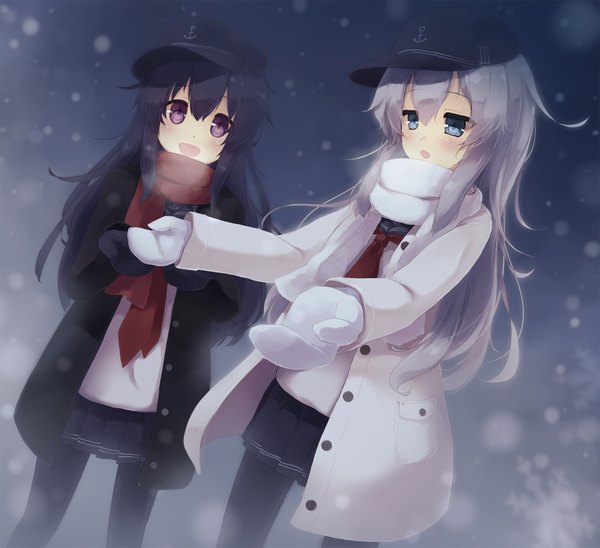 Anime picture 1750x1600 with kantai collection hibiki destroyer akatsuki destroyer gengetsu chihiro long hair looking at viewer blush fringe highres open mouth blue eyes black hair hair between eyes standing purple eyes multiple girls silver hair outdoors head tilt pleated skirt