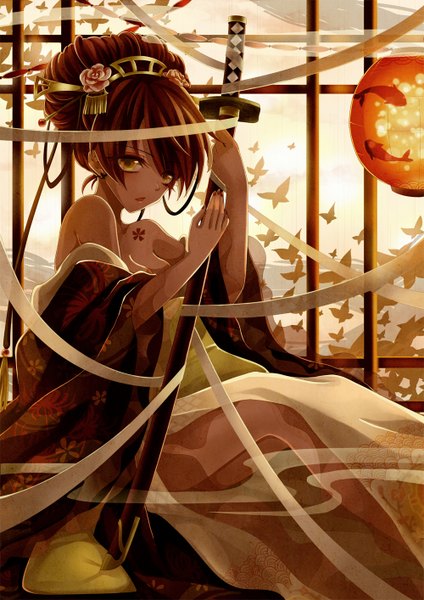 Anime picture 1000x1414 with original morel tall image looking at viewer open mouth brown hair sitting bare shoulders yellow eyes traditional clothes japanese clothes hair flower tattoo alternate hairstyle girl hair ornament flower (flowers) ribbon (ribbons) weapon sword