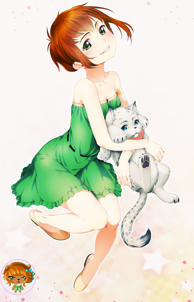 Anime picture 1172x1823 with original eventh7 single tall image short hair blue eyes smile bare shoulders green eyes lips orange hair girl dress animal cat