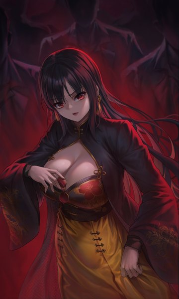 Anime picture 2643x4400 with goddess of victory: nikke moran (nikke) phusit long hair tall image looking at viewer fringe highres breasts open mouth light erotic black hair hair between eyes red eyes large breasts standing holding cleavage traditional clothes wide sleeves