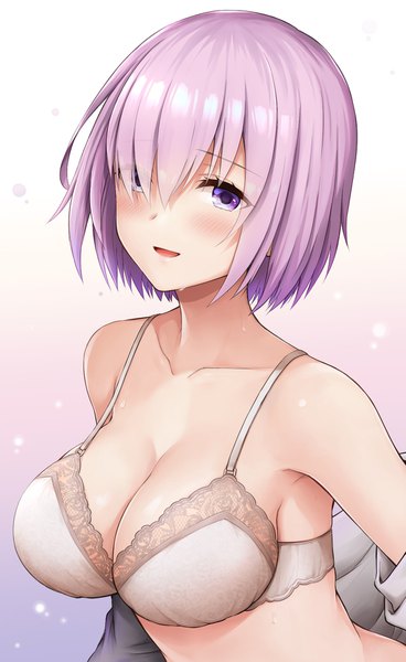 Anime picture 1149x1871 with fate (series) fate/grand order mash kyrielight chacharan single tall image looking at viewer blush fringe short hair breasts open mouth light erotic simple background smile large breasts standing purple eyes bare shoulders pink hair