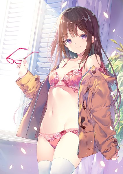 Anime picture 851x1200 with original miwabe sakura single long hair tall image blush fringe breasts light erotic smile brown hair purple eyes bare shoulders holding payot cleavage indoors blunt bangs long sleeves head tilt