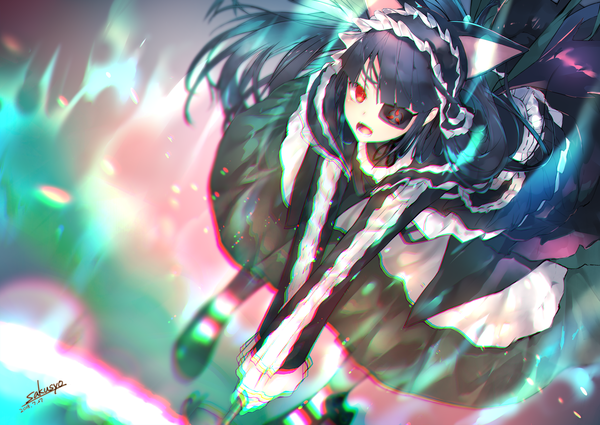 Anime picture 1770x1254 with senran kagura mirai (senran kagura) sakusyo single long hair looking at viewer fringe highres open mouth black hair red eyes signed animal ears long sleeves cat ears fang (fangs) dated anaglyph lolita fashion bent over