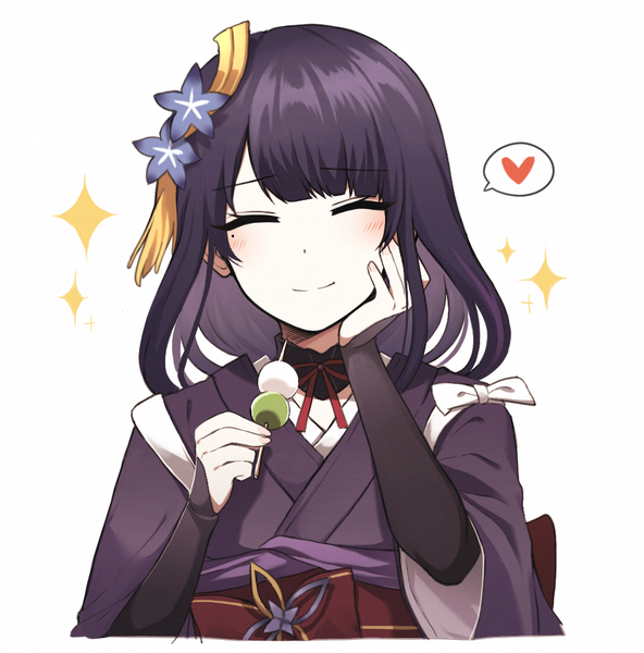 Anime picture 985x999 with genshin impact raiden shogun lix single long hair tall image blush fringe simple background white background purple hair upper body blunt bangs eyes closed long sleeves traditional clothes japanese clothes hair flower light smile mole