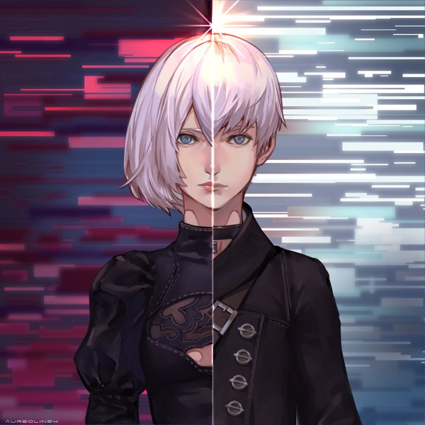 Anime picture 1500x1500 with nier nier:automata yorha no. 2 type b yorha no. 9 type s aureolin31 looking at viewer fringe short hair blue eyes hair between eyes signed upper body white hair lips puffy sleeves portrait cleavage cutout girl boy choker