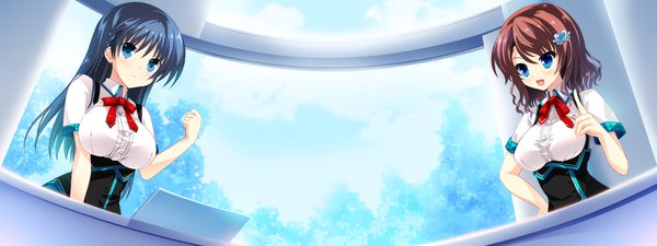 イラスト 3840x1440 と cocoro@function! yuzuriha hijiri 長髪 赤面 highres 短い髪 開いた口 青い目 茶色の髪 wide image multiple girls 青い髪 game cg 女の子 制服 髪飾り 2人女子 学生服