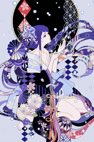 Anime picture 768x1152 with inishie no megami to houseki no ite bourbone single tall image purple eyes cleavage purple hair very long hair nail polish traditional clothes japanese clothes barefoot hair flower snowing looking up seigaiha kikumon girl flower (flowers) petals