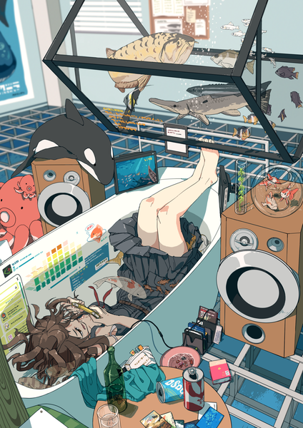 Anime picture 1240x1754 with original hitogome single long hair tall image brown hair brown eyes barefoot sleeveless underwater girl dress animal water belt fish (fishes) bottle bath can speakers