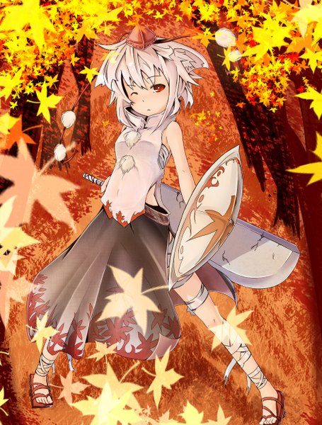 Anime picture 946x1248 with touhou inubashiri momiji furorina single tall image looking at viewer blush fringe short hair red eyes bare shoulders holding animal ears payot white hair one eye closed blurry depth of field sleeveless fighting stance