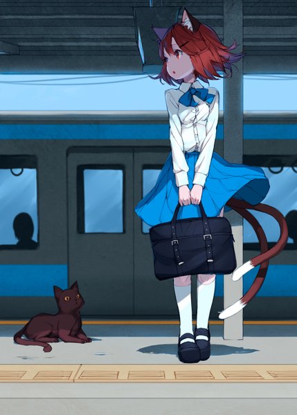 Anime picture 1072x1500 with touhou chen junwool tall image short hair open mouth red eyes animal ears red hair tail animal tail cat ears cat girl cat tail girl dress animal socks white socks cat