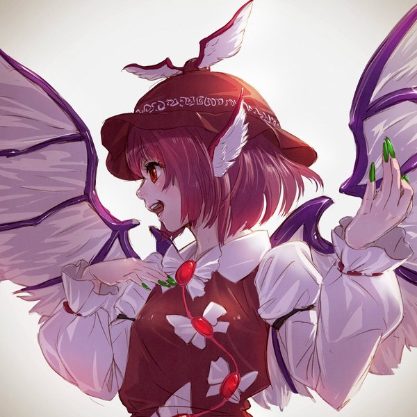 Anime picture 1920x1920 with touhou mystia lorelei takami masahiro single highres short hair open mouth simple background red eyes looking away pink hair upper body nail polish profile fingernails grey background long fingernails head wings girl hat