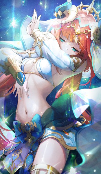 Anime picture 1273x2191 with genshin impact nilou (genshin impact) pistachiocream single long hair tall image fringe breasts blue eyes light erotic twintails looking away red hair blunt bangs nail polish traditional clothes horn (horns) midriff low twintails covered mouth