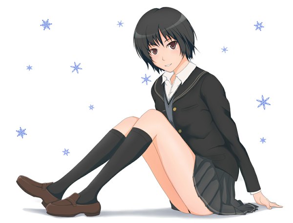 Anime picture 1103x841 with amagami nanasaki ai seaz single looking at viewer short hair light erotic black hair brown eyes girl skirt uniform school uniform miniskirt socks shoes black socks snowflake (snowflakes)