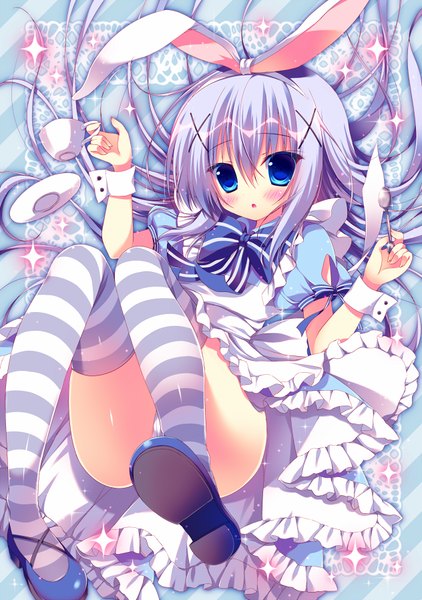 Anime picture 632x898 with gochuumon wa usagi desu ka? alice in wonderland white fox kafuu chino alice (alice in wonderland) hasune single long hair tall image looking at viewer blush fringe open mouth blue eyes light erotic animal ears purple hair pantyshot embarrassed fake animal ears