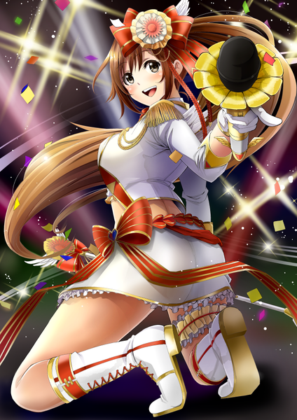 Anime picture 636x900 with shironeko project momochieri (sakuranbou) single tall image blush open mouth smile brown hair very long hair looking back grey eyes kneeling side ponytail lacing girl skirt gloves uniform bow hair bow