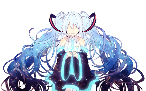 Anime picture 2400x1500 with vocaloid hatsune miku 64hijiki single long hair highres simple background smile white background twintails bare shoulders eyes closed very long hair nail polish pleated skirt aqua hair wide sleeves glowing double exposure girl