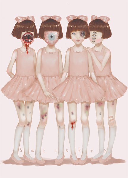 Anime picture 720x1000 with original saccstry tall image blush short hair blue eyes simple background brown hair multiple girls inscription teeth pink background sharp teeth monster girl injury ballerina vein (veins) creepy bruise girl