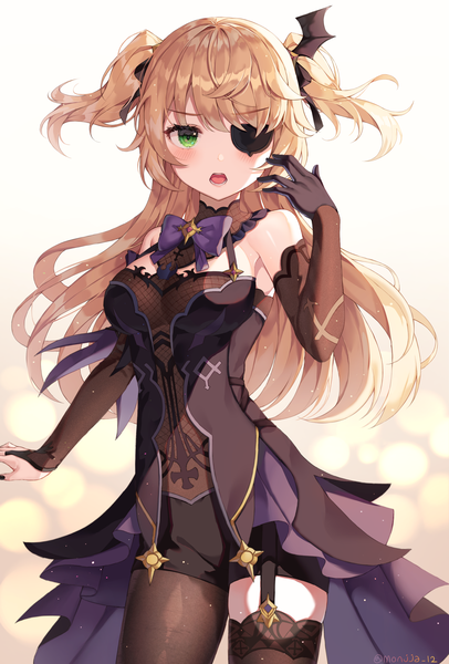Anime picture 2442x3605 with genshin impact fischl (genshin impact) monjja single long hair tall image looking at viewer highres open mouth blonde hair standing green eyes signed two side up twitter username girl gloves black gloves shorts eyepatch