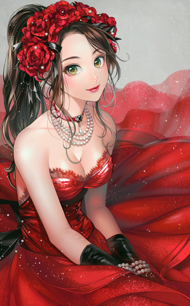 Anime picture 650x1044 with original matsurika youko single long hair tall image looking at viewer breasts black hair bare shoulders green eyes cleavage ponytail light smile grey background lipstick red lipstick girl dress gloves black gloves
