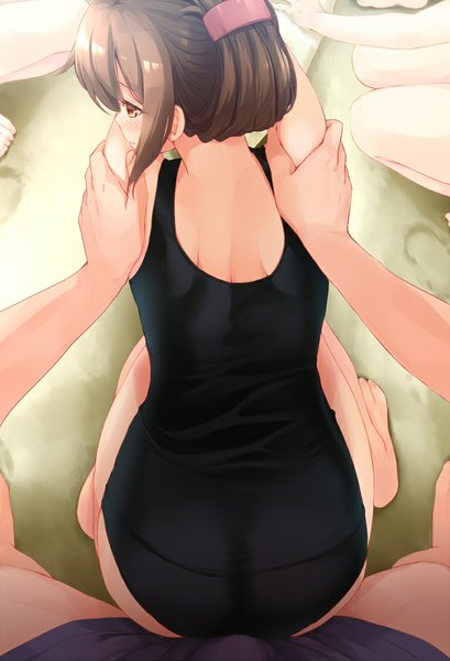 Anime picture 767x1125 with kantai collection inazuma destroyer komone ushio tall image blush short hair light erotic brown hair brown eyes ass ponytail barefoot from above sexually suggestive girl boy swimsuit one-piece swimsuit black swimsuit