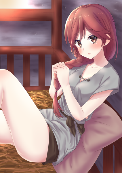 Anime picture 1023x1447 with hai to gensou no grimgar a-1 pictures yume (grimgar) miyazumi single long hair tall image looking at viewer blush fringe light erotic sitting holding brown eyes payot cleavage bent knee (knees) red hair braid (braids) head tilt