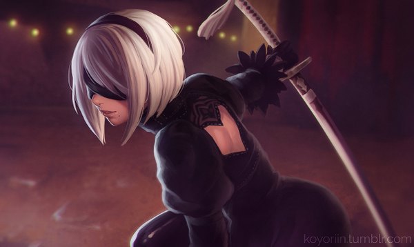Anime picture 1206x720 with nier nier:automata yorha no. 2 type b koyoriin single short hair wide image holding signed upper body white hair parted lips profile light smile lips blurry mole outstretched arm watermark mole under mouth
