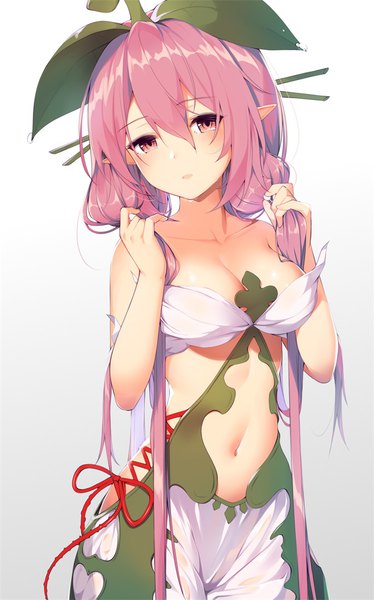 Anime picture 673x1080 with granblue fantasy yggdrasil (granblue fantasy) gin00 single long hair tall image looking at viewer fringe breasts light erotic simple background hair between eyes large breasts pink hair cleavage head tilt pink eyes pointy ears grey background holding hair