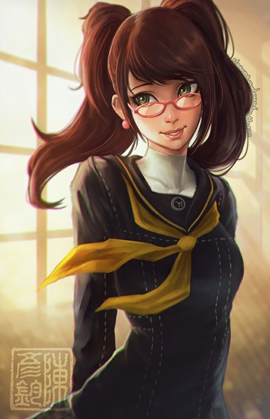 Anime picture 663x1024 with persona 4 persona kujikawa rise koyoriin single long hair tall image fringe smile brown hair twintails looking away lips sunlight hands behind back arched back girl earrings glasses window