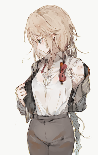 Anime picture 675x1065 with girls frontline g36 (girls frontline) mikuru rumisora single long hair tall image simple background blonde hair standing white background profile looking down girl shirt white shirt bowtie