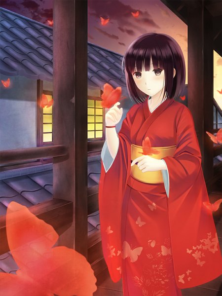 Anime picture 781x1042 with fatal frame 2 tachibana chitose megimegyo single tall image looking at viewer blush fringe short hair black hair sky traditional clothes japanese clothes black eyes wide sleeves butterfly on hand girl kimono insect butterfly