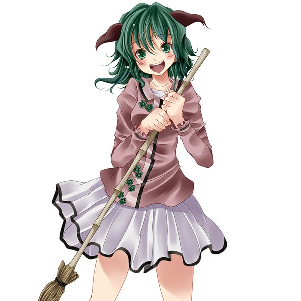 Anime picture 1000x1000 with touhou kasodani kyouko s-syogo single blush short hair open mouth simple background white background green eyes animal ears green hair girl skirt miniskirt shirt broom