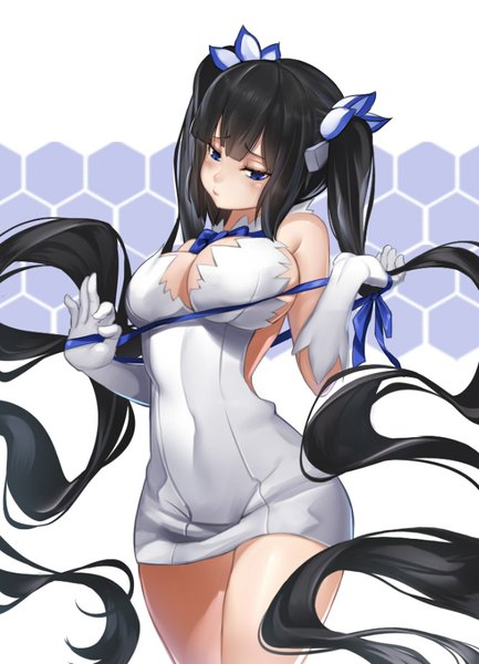 Anime picture 665x922 with dungeon ni deai wo motomeru no wa machigatteiru darou ka j.c. staff hestia (danmachi) raijuu (bakanara) single tall image breasts blue eyes light erotic black hair large breasts twintails bare shoulders very long hair head tilt bare legs covered navel rei no himo girl dress