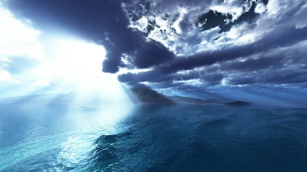 Anime picture 1920x1080 with original trbrchdm highres wide image sky cloud (clouds) sunlight horizon mountain water sea
