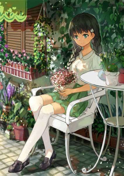 Anime picture 1000x1414 with original jia qingwa single long hair tall image blue eyes black hair sitting braid (braids) girl thighhighs skirt flower (flowers) plant (plants) white thighhighs bouquet