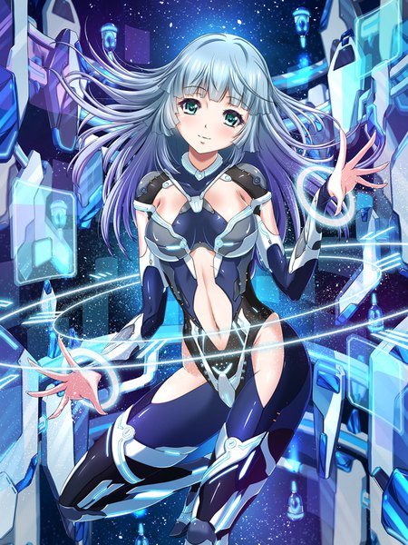 Anime picture 800x1067 with original chaki-yam single long hair tall image looking at viewer blush fringe breasts light erotic smile standing green eyes payot silver hair purple hair blunt bangs head tilt night night sky
