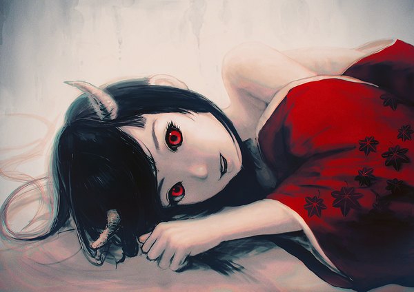 Anime picture 1132x800 with original masaya single long hair open mouth black hair red eyes bare shoulders lying traditional clothes japanese clothes horn (horns) off shoulder demon girl oni horns girl