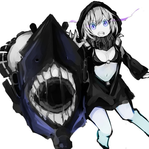 Anime picture 2000x2000 with kantai collection re-class battleship kou mashiro single looking at viewer highres short hair simple background white background purple eyes silver hair tail teeth bare belly glowing glowing eye (eyes) shinkaisei-kan girl navel weapon