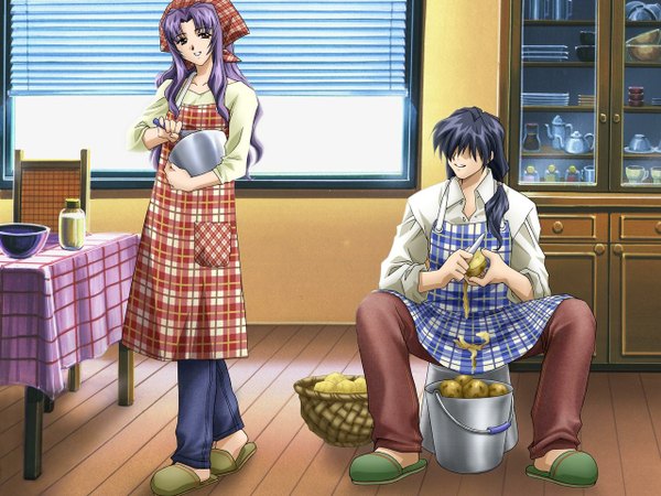 Anime picture 1280x960 with eve zero amagi kojirou katsuragi yayoi long hair looking at viewer black hair standing sitting purple hair full body indoors low ponytail plaid hair over eyes cooking girl boy shoes apron vegetables