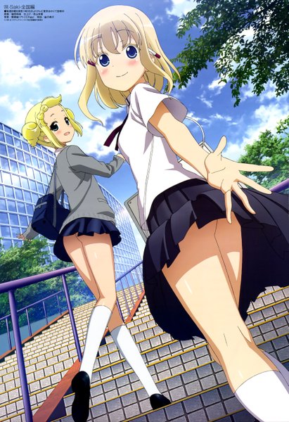 Anime picture 4068x5936 with saki megami magazine aislinn wishart mase yuuko ueda kazuyuki tall image looking at viewer blush highres short hair open mouth blue eyes light erotic blonde hair multiple girls absurdres sky cloud (clouds) official art girl