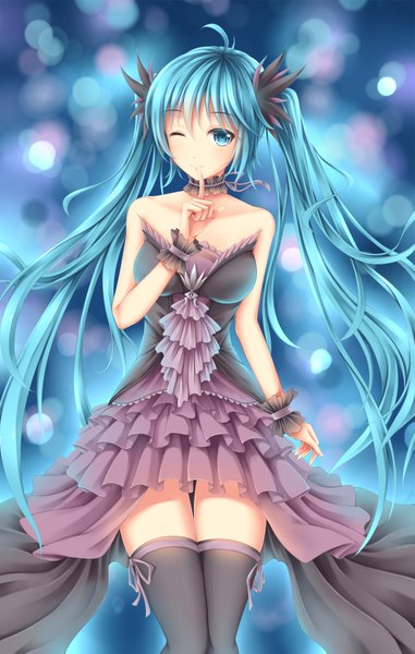 Anime picture 1250x1965 with vocaloid hatsune miku wsman single long hair tall image looking at viewer blue eyes twintails bare shoulders blue hair one eye closed wink girl thighhighs dress black thighhighs frills