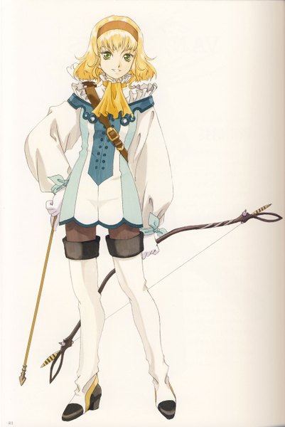 Anime picture 1920x2868 with tales of (series) tales of the abyss natalia luzu kimlasca lanvaldear single tall image highres short hair open mouth simple background blonde hair green eyes girl ribbon (ribbons) hair ribbon frills thigh boots bow (weapon) arrow (arrows)