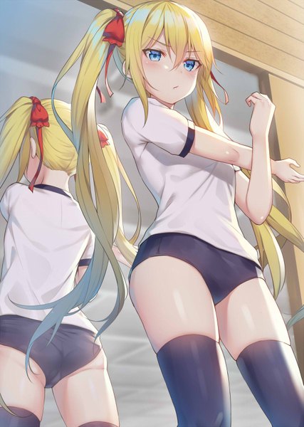 Anime picture 1067x1500 with original alexmaster single long hair tall image looking at viewer blush fringe blue eyes light erotic blonde hair hair between eyes standing twintails ass indoors from below reflection :< stretch