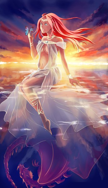 Anime picture 1000x1741 with original crins (artist) single long hair tall image open mouth blue eyes sitting pink hair sky barefoot wind pointy ears sunlight open clothes evening sunset dragon wings girl navel