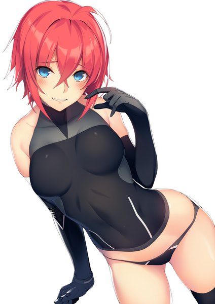 Anime picture 700x990 with original hiwatari makoto ryuji (ikeriu) single tall image looking at viewer blush fringe short hair blue eyes light erotic simple background smile hair between eyes white background red hair light smile girl thighhighs gloves