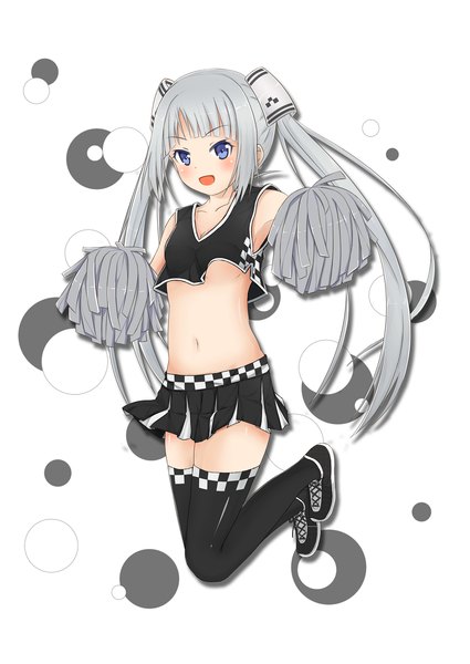 Anime picture 869x1228 with original ray-en single long hair tall image blush open mouth blue eyes light erotic twintails silver hair midriff cheerleader girl thighhighs skirt navel hair ornament black thighhighs