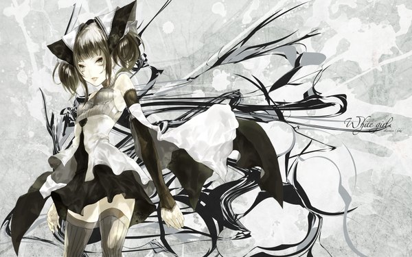 Anime picture 1920x1200 with original hakus (pixiv) single highres black hair wide image twintails grey hair short twintails girl thighhighs dress bow hair bow detached sleeves wings