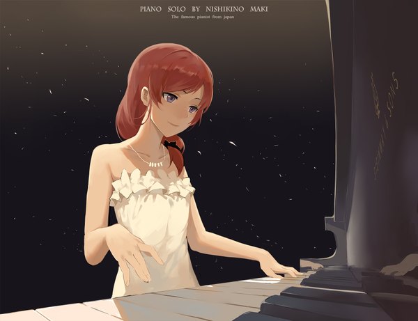 Anime picture 1900x1460 with love live! school idol project sunrise (studio) love live! nishikino maki huanxiang heitu single long hair highres purple eyes looking away red hair sleeveless watermark playing instrument girl dress white dress necklace musical instrument piano