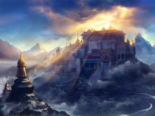 Anime picture 1705x1280 with dungeon and fighter tagme (artist) highres sky cloud (clouds) sunlight official art mountain no people landscape sunbeam river rock castle