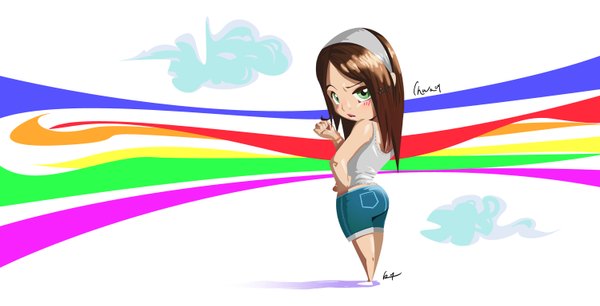 Anime picture 1500x767 with salvador ramirez madriz blush brown hair wide image green eyes shorts hairband rainbow